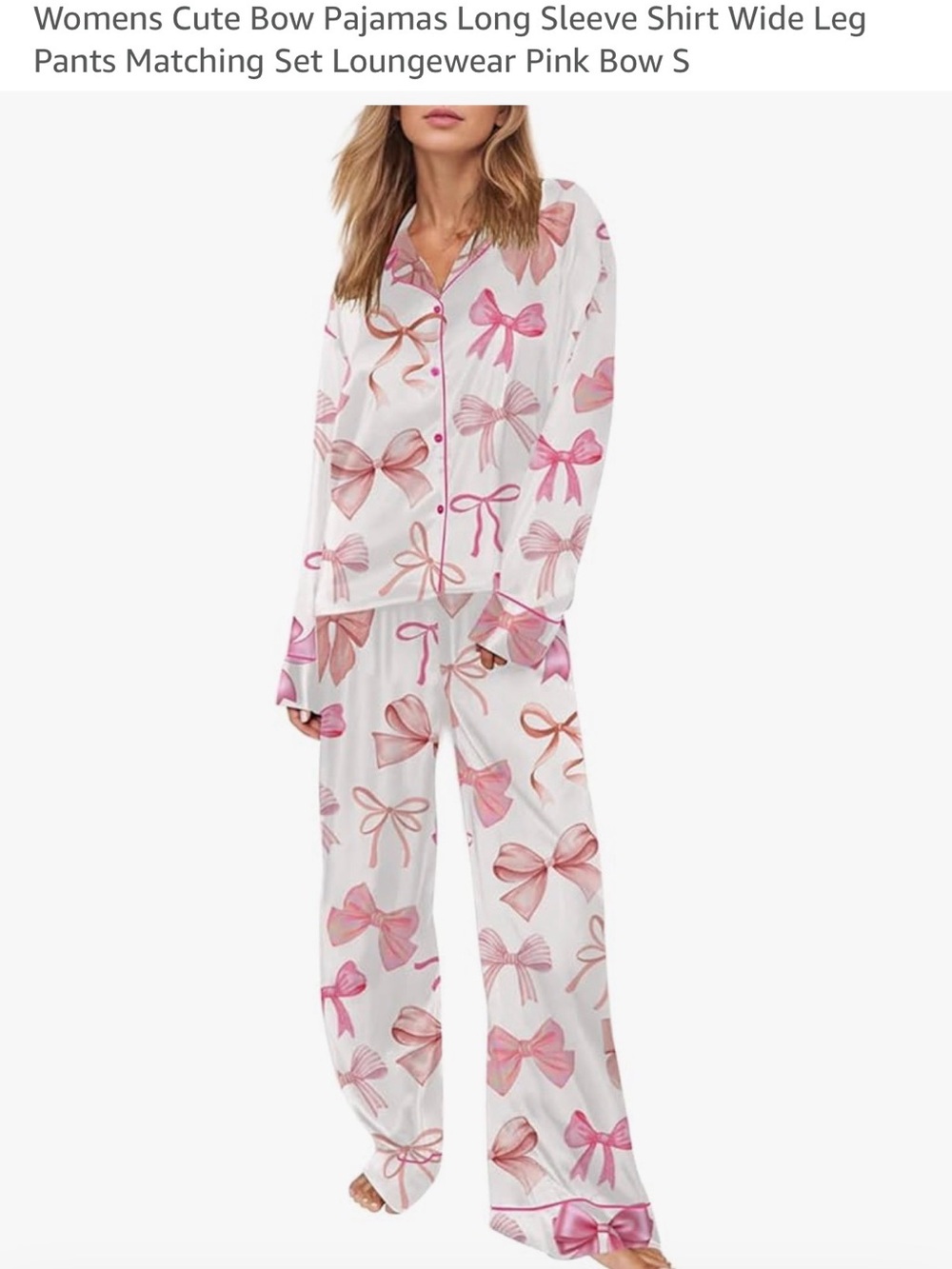Bow Print Long Sleeve Pajama Set - Pink / White